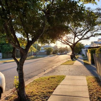 A suburban street with trees lining the median strip next to a walking path. Part of a small silver car is visible in the bottom-left corner